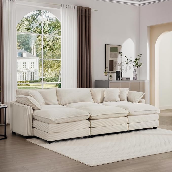 KEIKI 115" Oversized Corduroy Modular Sectional Sofa with 3 Ottoman, High-Density Foam Cushions, Removable Armrests, Upholstered 3-Seater Fluffy Corner Couch with 5 Pillow, for Living Room, Beige