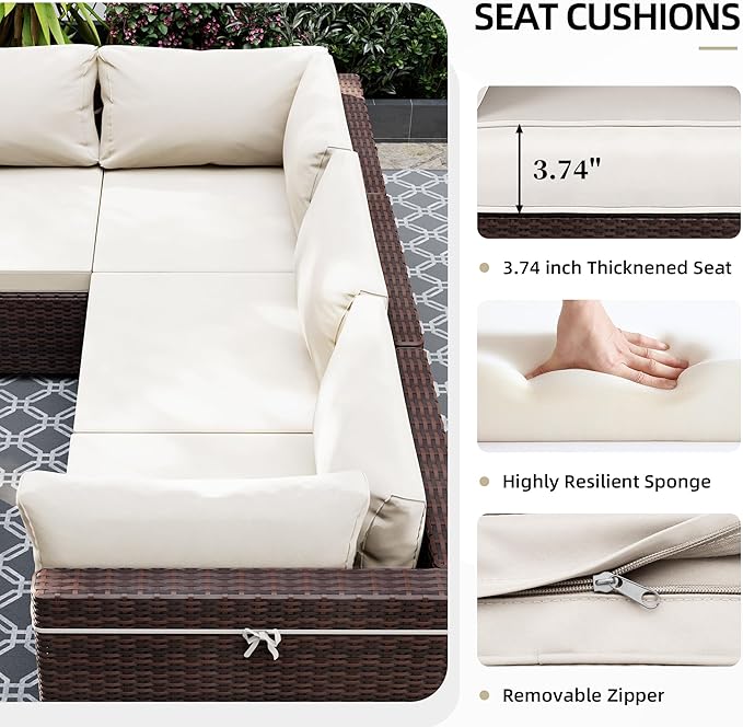UPHA 9 Pieces Patio Furniture Sets, Wicker Outdoor Sectional Sofa Couch with Coffee Table, Patio Conversation Set for Deck Backyard Garden, Brown Rattan, White Cushion