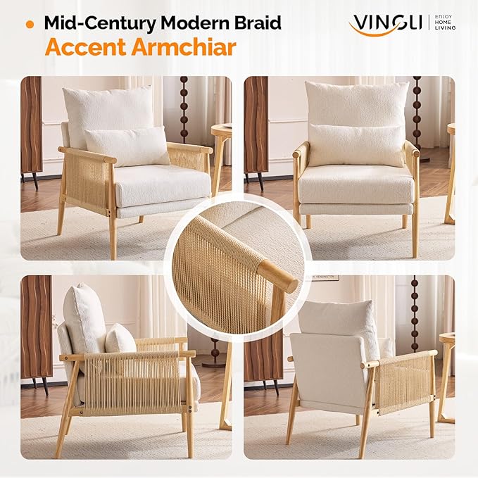 VINGLI Boho Braid Accent Armchair,Mid-Century Modern Chiar with Solid Wooden Armrest,Comfy Louge Cushion Chair with Waist Pillow for Bedroom,Living Room,Reading Room, Beige