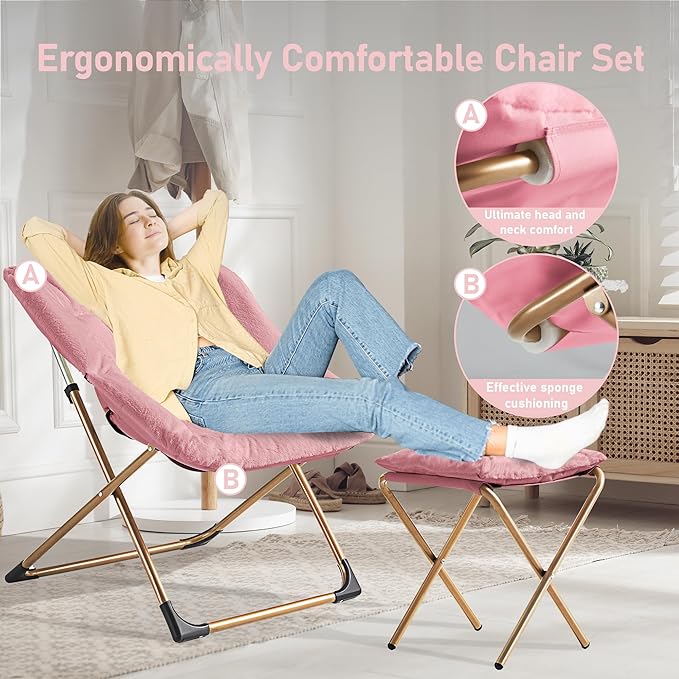 Youtanic Comfy Oversized Saucer Chair with Ottoman,Soft Faux Fur Reading Lounge Chair for Adults,Stable X-Large Metal Frame and Non-Slip Pad,Cozy Chair for Bedroom, Living Room, Dorm, Office, Pink