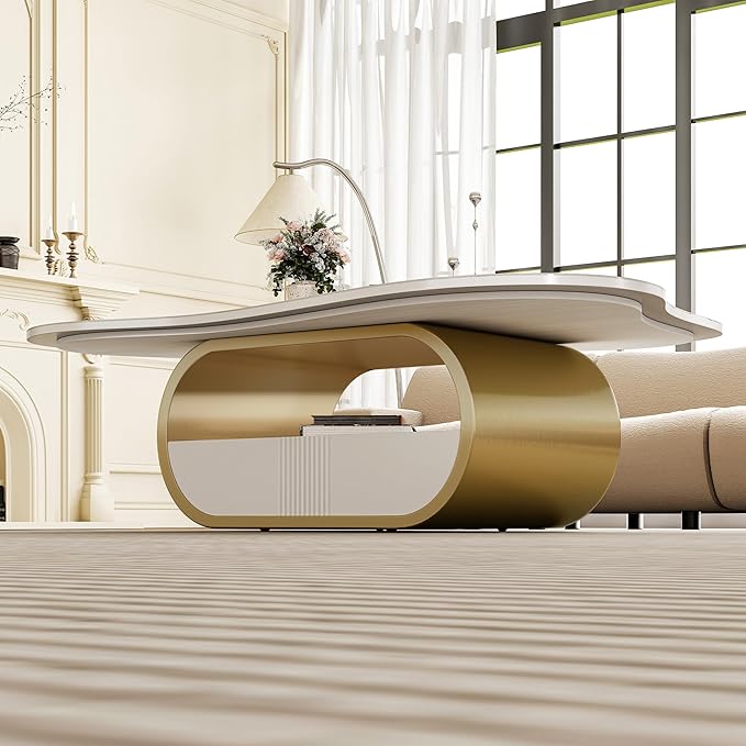 41.7 Inch Marble Coffee Table with Storage Drawer, Modern Butterfly Design, Sintered Stone Top and Gold Stainless Steel Base for Living Room, Scratch Resistant and Easy Assembly