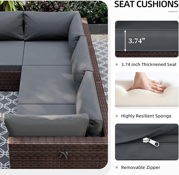 UPHA 9 Pieces Patio Furniture Sets, Wicker Outdoor Sectional Sofa Couch with Coffee Table, Patio Conversation Set for Deck Backyard Garden, Brown Rattan, Dark Gray Cushion