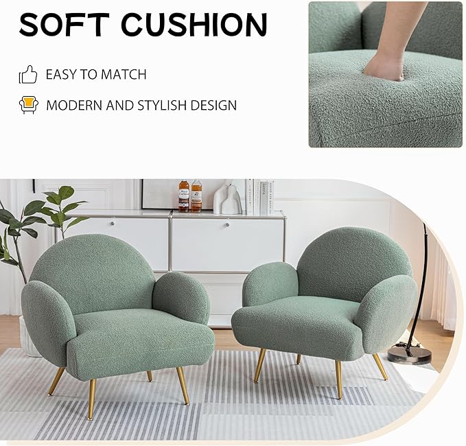 Accent Chair Green with Golden Metal Legs,Reading Chair for Bedroom Comfy, Boucle Sherpa Chair for Living Room, Bedroom