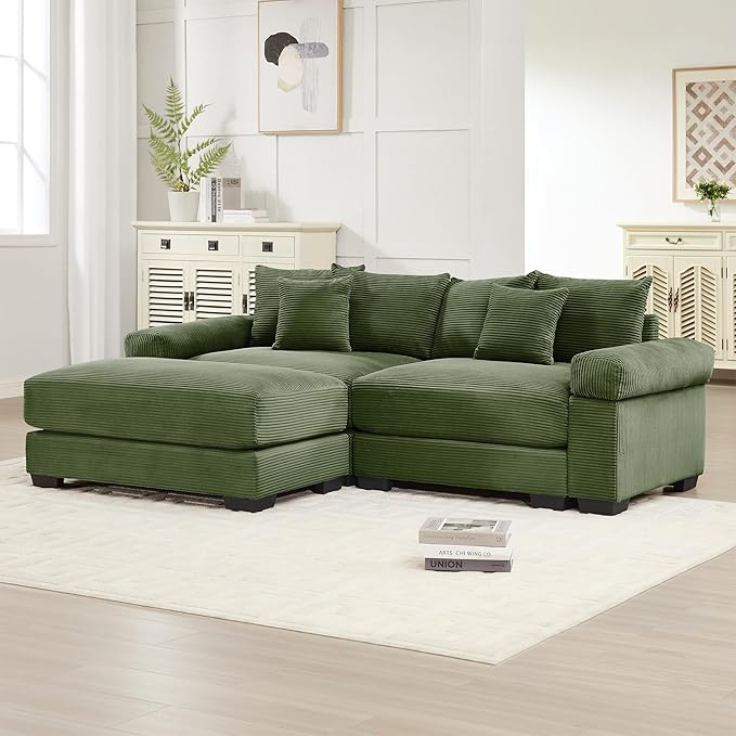 KEIKI 83" L-Shaped Oversized Corduroy Modular Sectional Loveseat Sofa with 1 Ottoman, High-Density Foam Cushion, Extra-Thick Armrest, 2-Seater Fluffy Corner Couch with 6 Pillow, for Living Room, Green