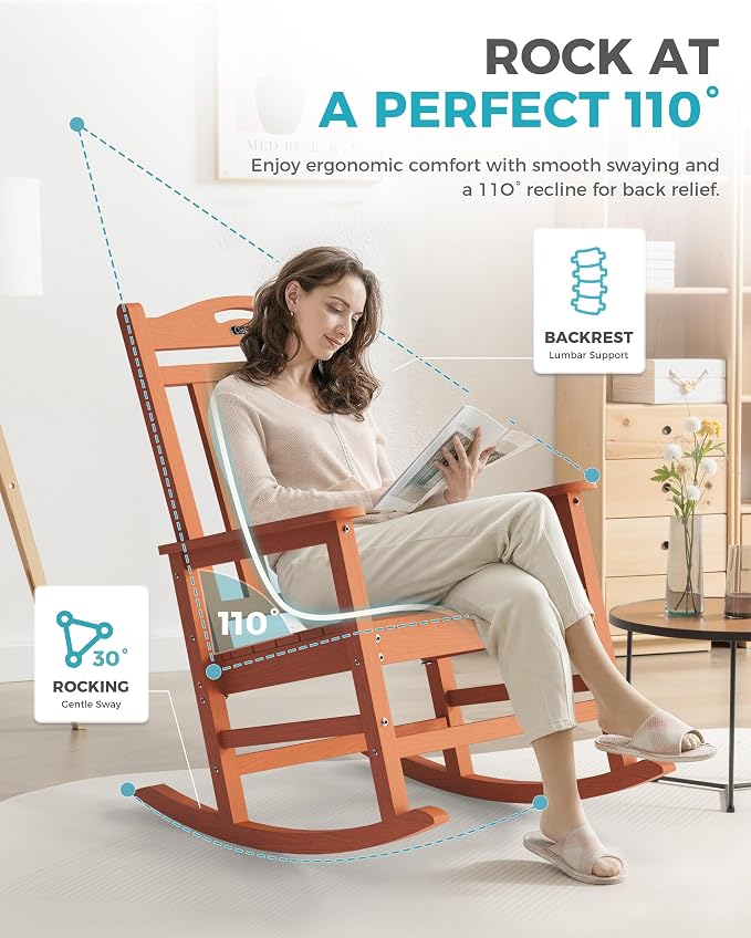Ciokea Oversized Outdoor Rocking Chairs Set of 2, 380lbs Heavy-Duty Large Patio Rocker, High Back Cozy Porch Chairs, Weather Resistant Patio Rocking Chairs for Outside, Fire Pit, Deck, Orange - Image 5