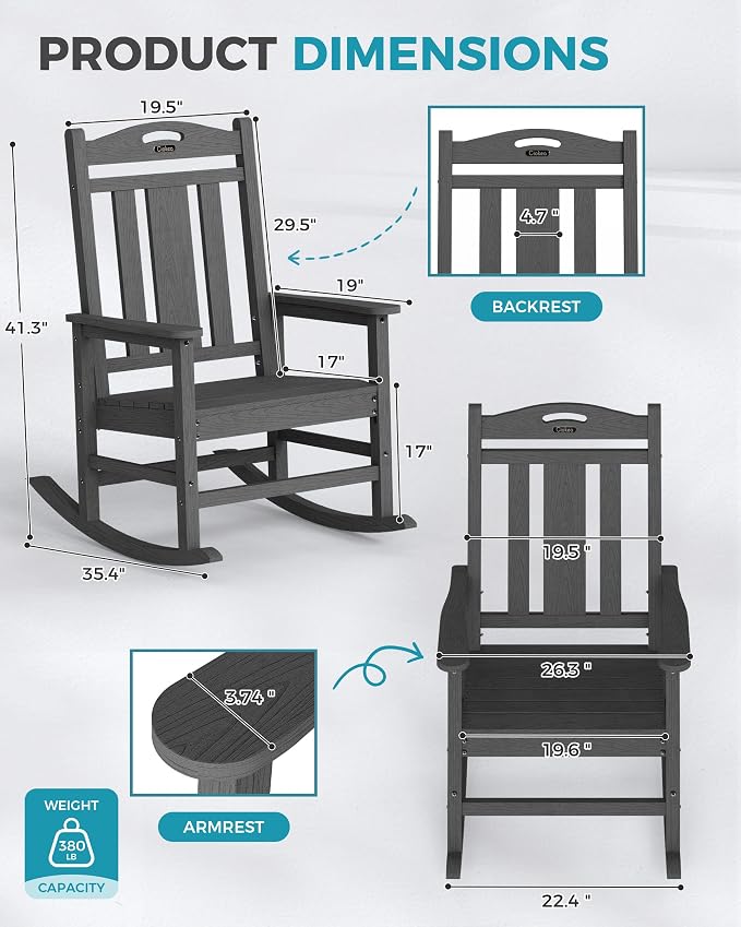 Ciokea Oversized Outdoor Rocking Chairs Set of 6, 380lbs Heavy-Duty Large Patio Rocker, High Back Cozy Porch Chairs, Weather Resistant Patio Rocking Chairs for Outside, Fire Pit, Deck, Dark Grey - Image 3