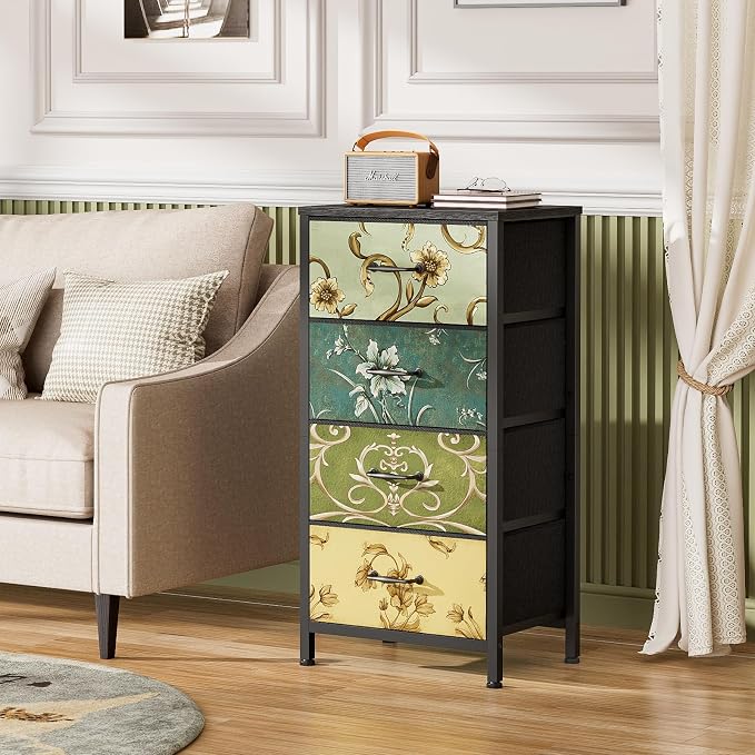 Furnulem 4 Drawer Dresser, Vertical Nightstand for Kids, Adult, Fabric Chest of Drawers for Bedroom, Living Room, Closet, Nusery, Storage Tower Unit Retro Style Furniture, Wood Desk Top - Image 5