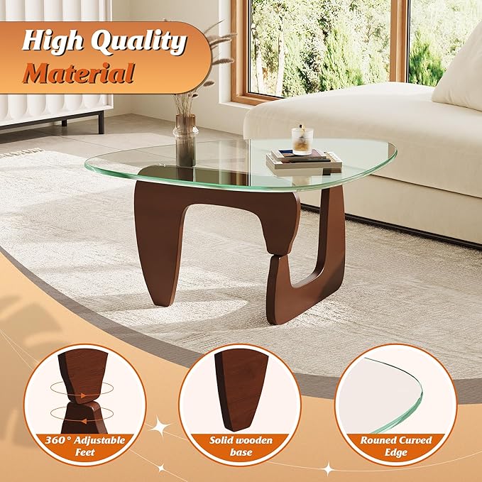 WLIVE Coffee Table, Small Glass Coffee Table with Solid Wood Legs, 32.7" Mid Century Triangle Living Room Tables, Modern Center Table for Small Spaces Living Room, Reception, Office, Natural