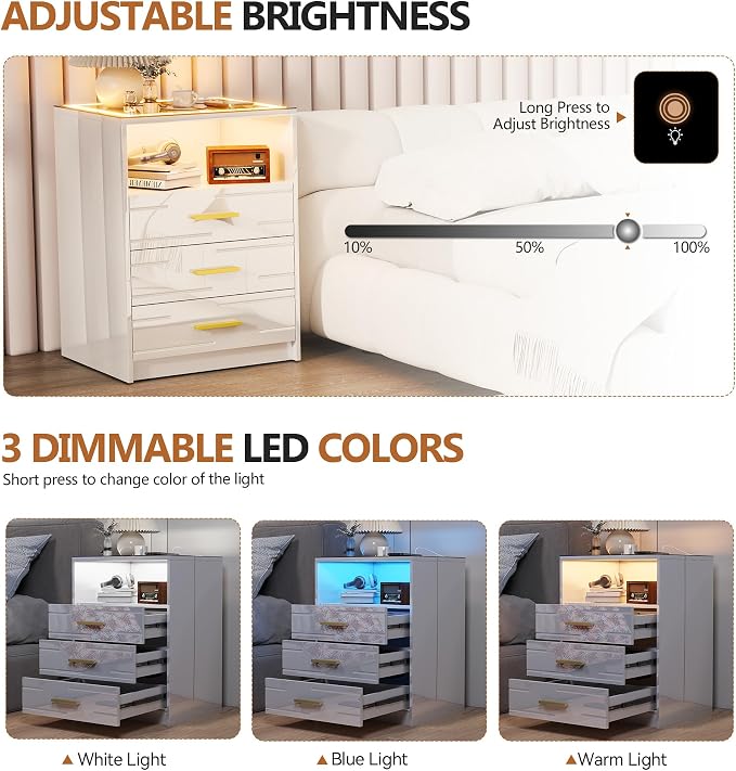 High Gloss LED Nightstand with Charging Station & 3 Color Dimmable Light Modern for Bedroom White, Smart Bedside Table with 3 Drawers & USB Type-C Port for Home - Image 5