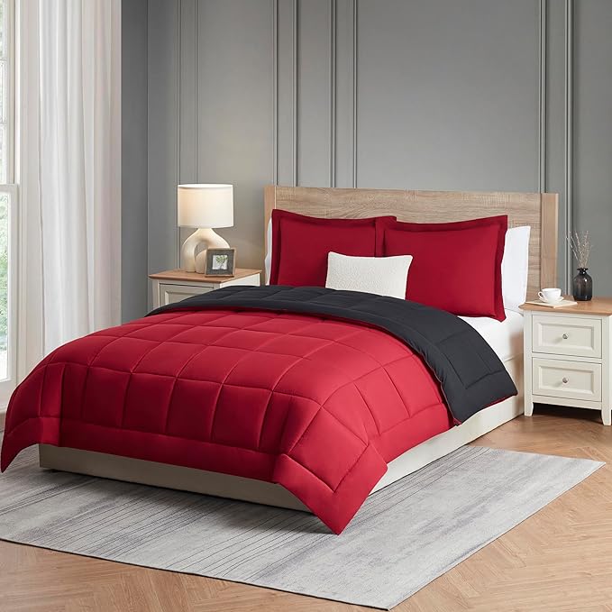 Nestl 3 Piece Quilted Down Alternative Comforter with 2 Pillow Shams, All Season Red/Black Duvet Inserts, Full Size with Corner Tabs