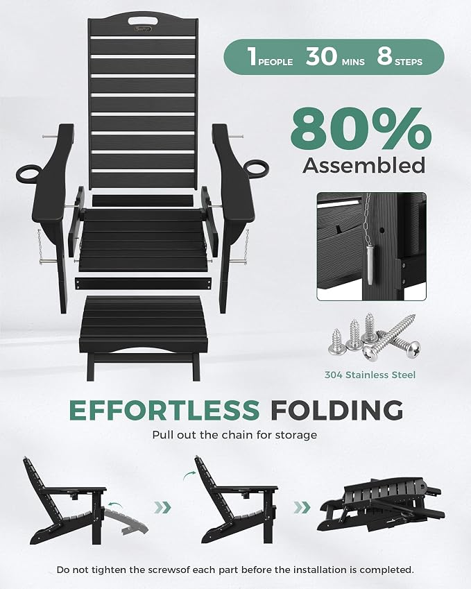 Adjustable Adirondack Chairs Set of 2 with Retractable Ottoman, HDPE Folding Adirondack Chair with Cup Holders, Weather Resistant for Backyard, Poolside & Fire Pit (Black) - Image 8
