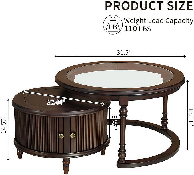 31.5'' Glass Top Round Coffee Table with Storage, Solid Wood and MDF Fluted Coffee Table Set of 2 for Living Room Office, Brown