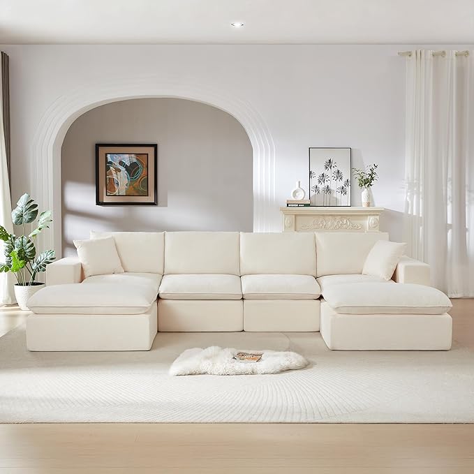 Cloud Modular Sectional Couches Boneless Sofa for Living Room, 138" Oversized U Shaped Corner Couch with Movable Ottomans, Memory Foam Compressed 6 Seater Sofa for Living Room | Plush, Wider Armrest, Free Combination