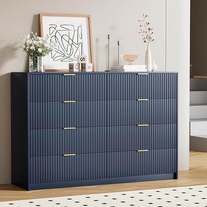 Furniway Navy Blue Dresser Bedroom Set 3 Pieces, Nightstands Sets of 2, 8 Drawer Dresser with Gold Handles for Bedroom