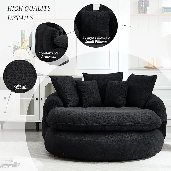 KEIKI 71" Chenille Round Boneless Sofa Couch, Oversized Chaise Lounge Chair Couches Indoor, No Assembly Required Floor Lazy Bean Bag, Modern Sleeper Sofa Bed for Living Guest Room & Bedroom, Black