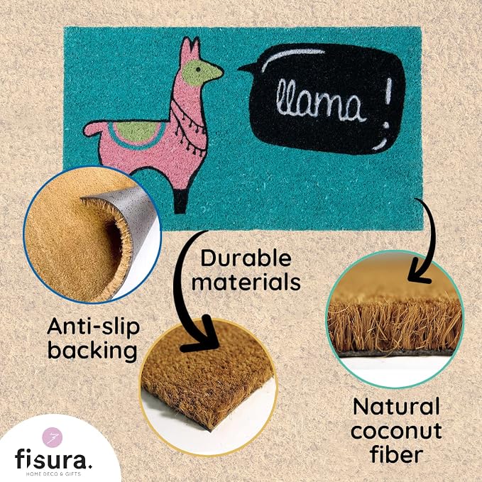 Fisura – Original Coconut Fiber Doormat with Non-Slip PVC Base. Hand-Painted Entrance Mat in Blue and Llama Design. Size 30 x 18 in, Perfect for Doors, Home Décor, and Gifts. - Image 4