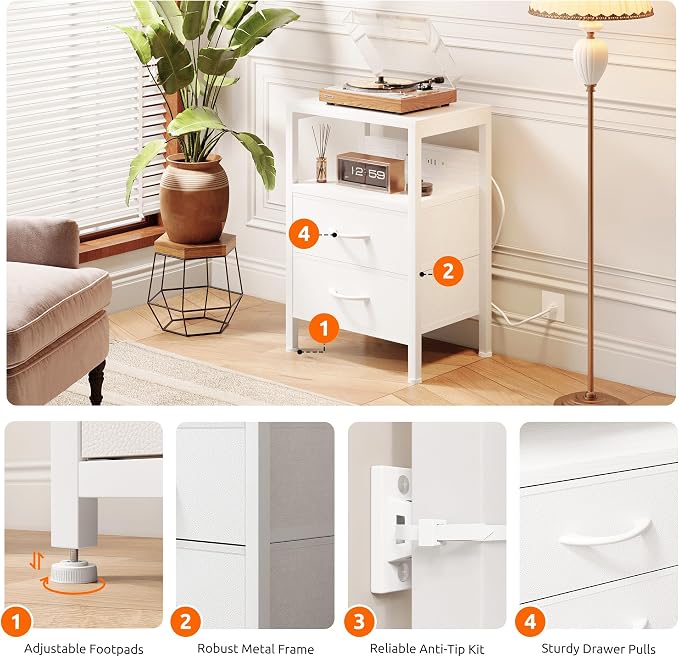 Lazzanto NightStand Bedside Charging Table Bedroom - Night Stand with Charger Station, White Modern Bed Side End Table with Open Shelf & 2 Fabric Drawers, USB-C Port & AC Outlets for Dorm, Living Room - Image 6
