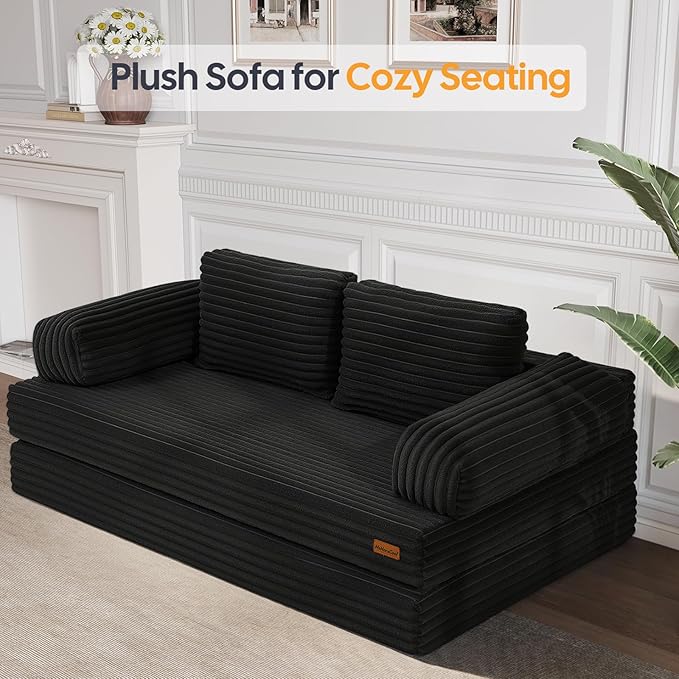 MeMoreCool Convertible Sofa Bed Black, Folding Floor Couch Bed Queen, Pull Out Sleeper Couch with Pillows, Corduroy Fold Out Futon Sofa for Bedroom Living Room Small Space
