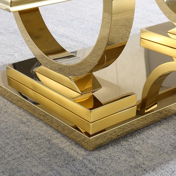Modern Marble Coffee Table, Rectangular White and Gold Marble Tea Table with U-Shape Stainless Steel Base with Gold Mirrored Finish for Living Room (Gold3)