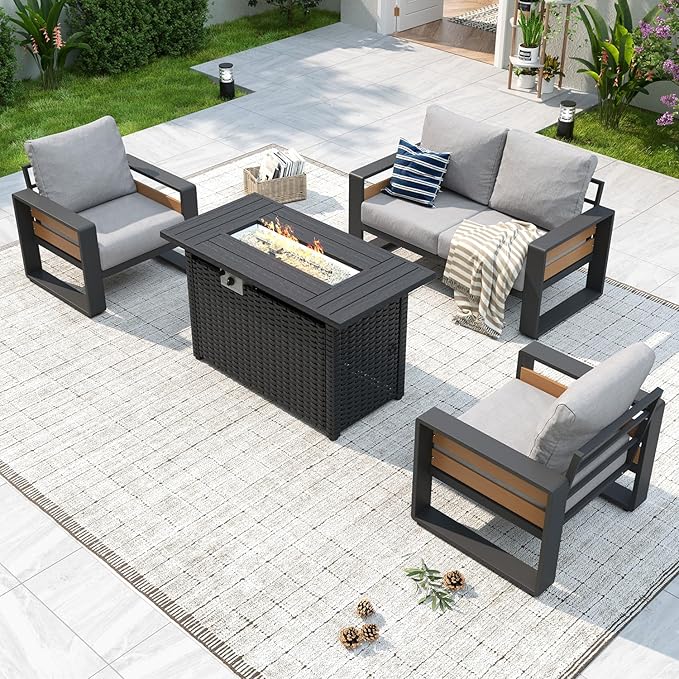 Aoxun Aluminum Patio Furniture Set with Fire Pit Table, 4 Piece Luxury Outdoor Sectional with 6" Olefin Fabric Cushions, Patio Conversation Sets with Waterproof Cover for Backyard, Porch Light Grey