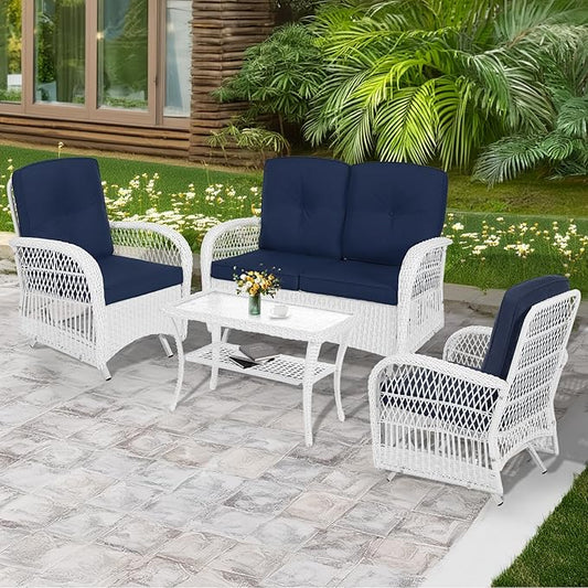 MEETWARM 4 Pieces Outdoor Wicker Patio Conversation Sets with Glider Loveseat, 2 Chairs with Coffee Table Wicker Rocking Glider Set, Rattan Conversation Set with Thickened Cushions, White/Navy
