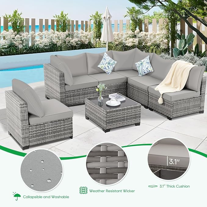 Patio Outdoor Furniture Set 7 Pieces Rattan Wicker Sectional Sofa Couch Conversation Set with Table for Deck Lawn, Light Grey Wicker/Light Grey Cushion