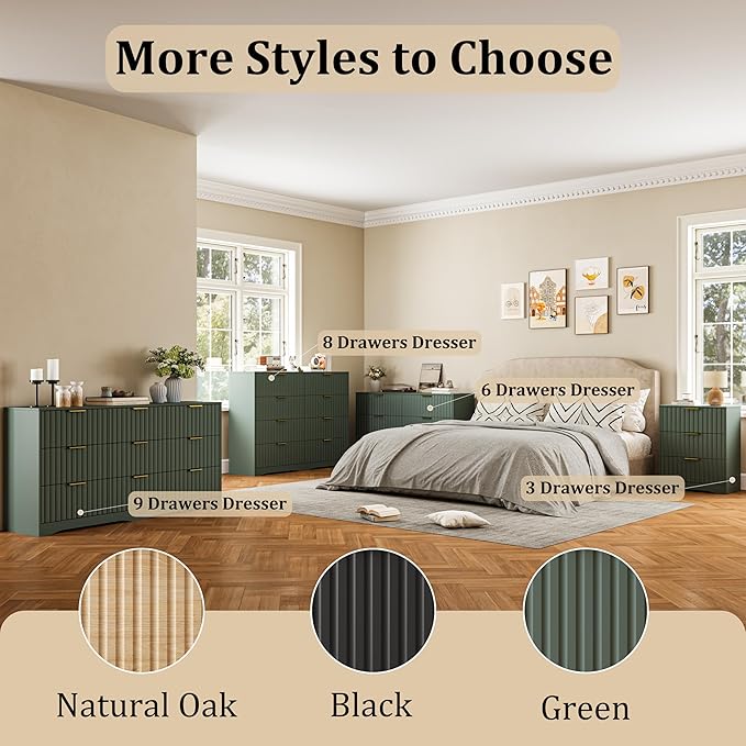 8 Drawer Dresser and Nightstand Sets for Bedroom, Modern Fluted 3 Pcs Bedroom Dresser Furniture Sets, Wood Chest of Drawers and Nightstand Set of 2 with Metal Handles, Green