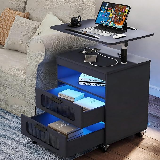 Height Adjustable Nightstand with Charging Station - Swivel Top Bedside Table with LED Lights, Auto Sensor Smart End Table, Dorm Rolling Side Table Laptop Workstaion with Wheels for Bedroom (Grey) by Gurexl