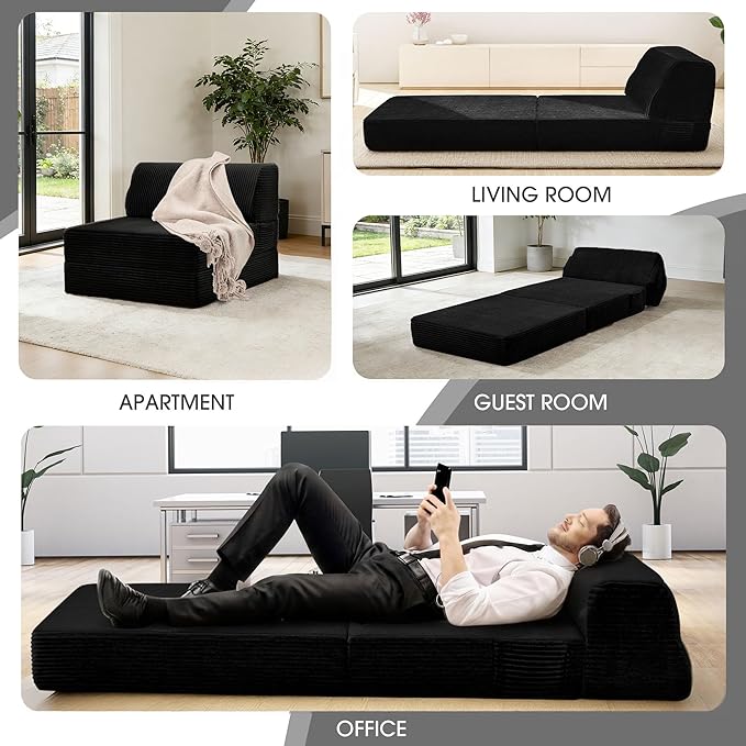 Folding Sofa Bed with Pillow, Memory Foam Fold Out Chair Bed, Convertible Sleeper Chair with Washable Cover, Futon Floor Couch for Living Room/Dorm/Guest Use/Home Office/Apartment, Black