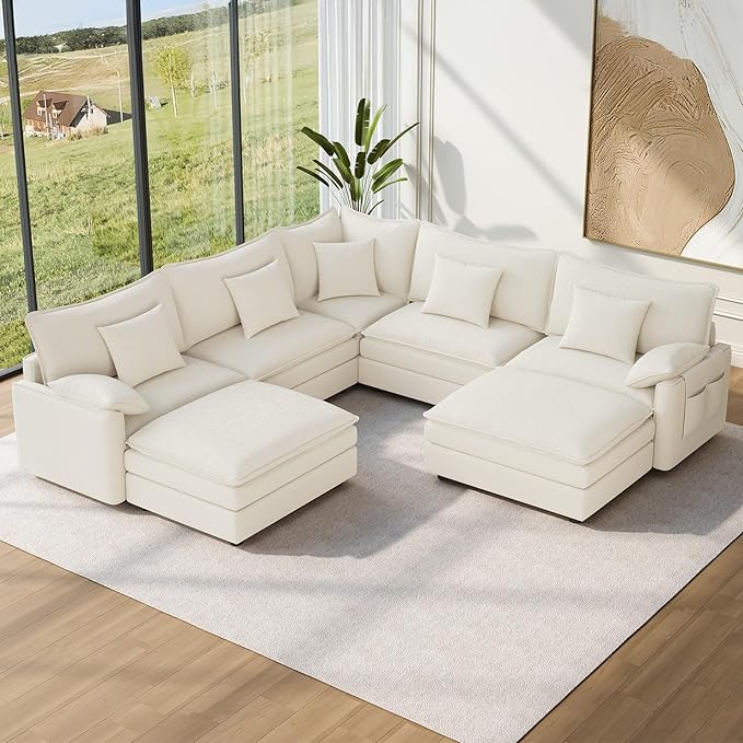 Vesgantti 101" V-Shaped Corner Couch Sectional, 7 Seat Customizable Modular Cloud Couches with Movable Ottoman, Chenille Deep Seat Sofa Set with Chaise for Living Room, Bedroom and Apartment, White