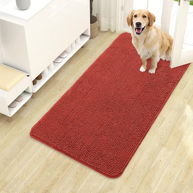 OLANLY Dog Door Mat for Muddy Paws 40x24, Absorbs Moisture and Dirt, Absorbent Non-Slip Washable Doormat, Quick Dry Chenille Mud Mat for Dogs, Entry Indoor Entryway Carpet for Inside Floor, Maple Red by OLANLY