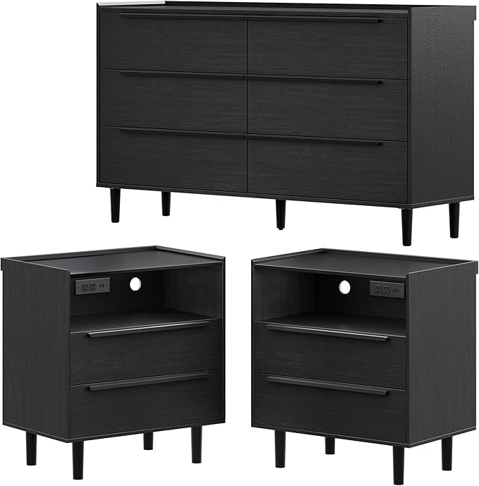 3PC Bedroom Furniture Set, Black Wood Grain 6-Drawer Dresser & 2 Charging Nightstands with Metal Handles, USB & Type-C Ports, AC Outlets, Open Shelf, Raised Edge Top, for Bedroom Apartment