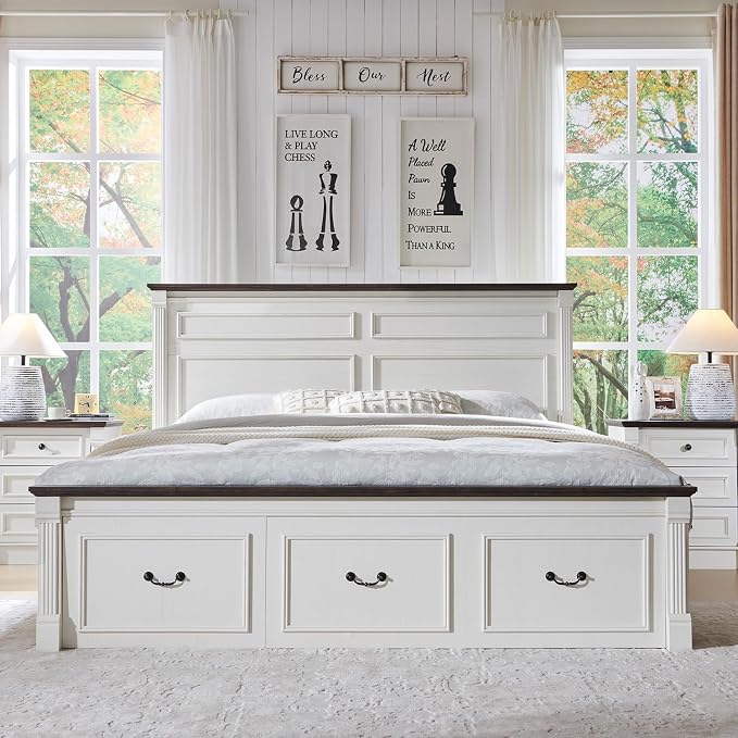Aitjunz 26" Tall Farmhouse Nightstand, 3 Drawers End Table w/Charging Station, 23.6" Wide Large Side Table w/Roman Column, Wood Rustic Sofa Table for Bedroom, White - Image 6