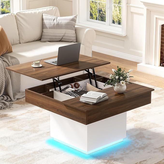 FABATO Lift Top Coffee Table with Charging Station, Led Coffee Table for Living Room, Farmhouse Center Table with Hidden Storage, Square Lift-Up Center Table for Home Office, Reception Room, White