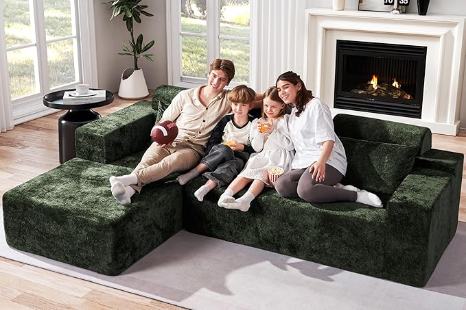 Homguava Modular Sectional Couches for Living Room,105" Cloud Couch with L-Shape Chaise,Comfy Sofa Living Room Couch with Deep Seat,No Assembly L Couch,Luxury Distressed Velvet(Green,L)