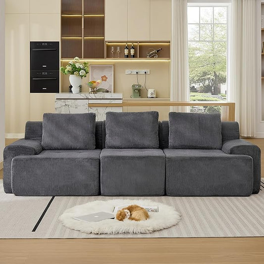 Modular Sectional Sofa, Boneless Couches for Living Room, Corduroy Couch, Big Comfy Couch, Modular Cloud Sofa with Deep Seat (Grey, 3 Pieces-Rowshape)