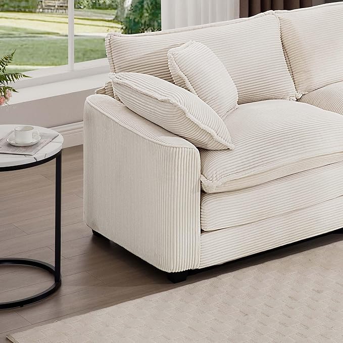 KEIKI 80" L-Shaped Oversized Corduroy Modular Sectional Loveseat Sofa with 1 Ottoman, High-Density Foam Cushions, Removable Armrests, Upholstered 2-Seater Couch with 4 Pillow, for Living Room, Beige