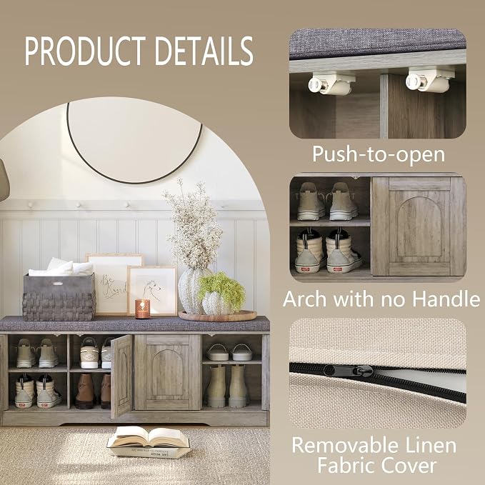DINZI LVJ Shoe Bench, Entryway Storage Bench with Doors, Cushion, 2-Tier Shoe Rack with 8-Cubby, 47.2”L x 13.8”W Shoe Organizer Cabinet, Adjustable Shelf, Living Room, Bedroom, Gray Wash - Image 5