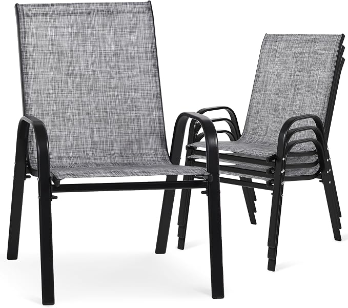 Outdoor Stackable Chairs Set of 4, Stacking Patio Chairs with Textilene Fabric, Outside Furniture for Garden Backyard Balconie Poolside Deck, Grey by Villeston