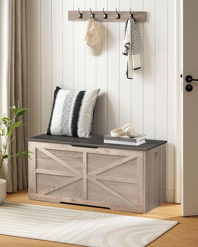 CHOEZON Storage Chest, 39.4" Wooden Storage Trunk, Retro Storage Bench with Safety Hinge, Toy Chest Storage, Farmhouse Style, for Bedroom, Living Room, Charcoal Gray and Greige MCW10HC - Image 2