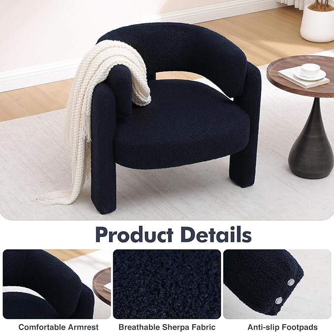 Accent Chair for Living Room, Modern Sherpa Barrel Chair, Upholstered Living Room Chairs with 3 Legs, Comfy Armchair Reading Side Chair for Bedroom, Office, Apartment, Blue