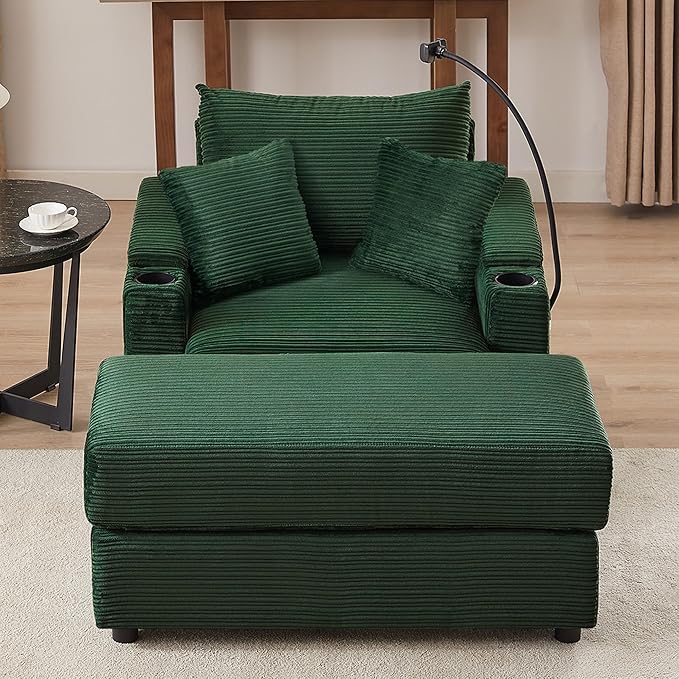 Merax Modern Corduroy Single Sofa with Ottoman, Two USB Ports & Cup Holders, Small Couch with Pillows & Phone Holder for Living Room Green