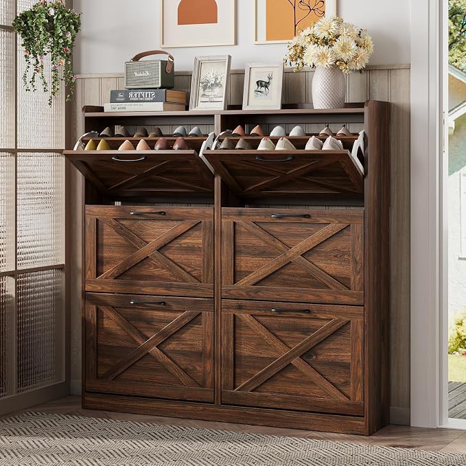 Maupvit Large Shoe Storage Cabinet with 6 Flip Drawers, Freestanding Shoe Organizer with Metal Handles for Entryway, Narrow Shoe Rack Cabinet, Dark Walnut by MaupvitFurniture