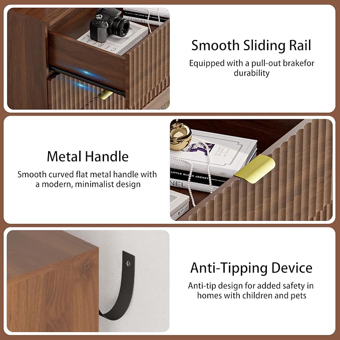 Nightstand with 3 Large Drawers,24" Wide End Table with Curved Metal Handles,Fluted Wood Small Dresser,Bedside Table,Modern Chest of Drawers for Bedroom,Living Room, Walnut - Image 7