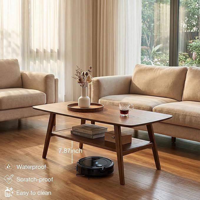Mid Century Modern Coffee Table: 100% Solid Wood Coffee Table - 2-Tier Storage Design - Space Saving Small Coffee Tables for Living Room, Apartment (Walnut, 31.49")