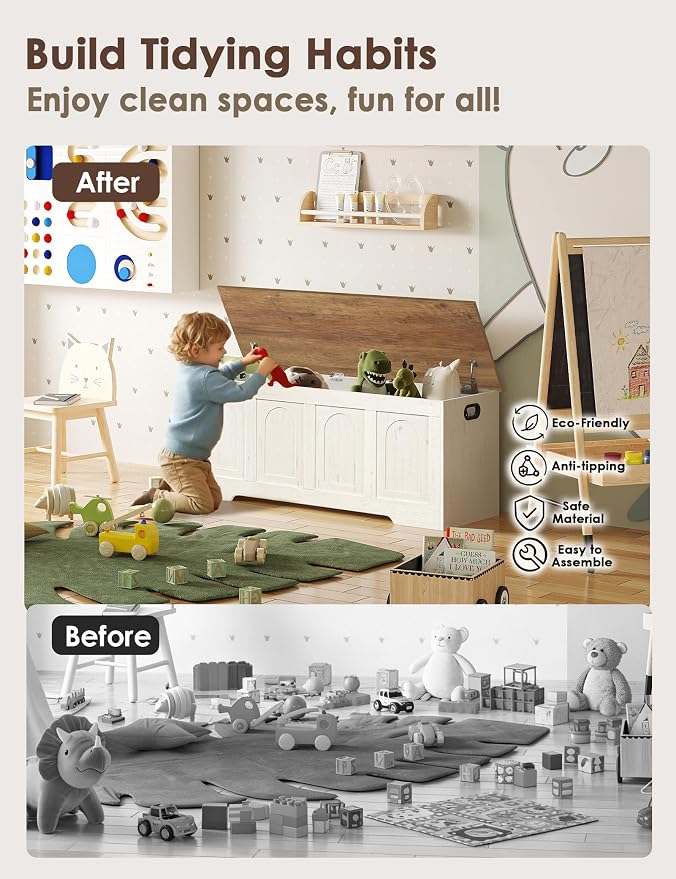 DINZI LVJ Storage Chest, 47.2”Wooden Storage Bench with 2 Safety Hinges, Farmhouse Toy Box with Flip-Top, Large Trunk for Living Room, Bedroom, Easy Assembly, Honey Brown and Rustic White - Image 7