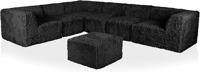 Furniture of America Havyn Modern Faux Fur 7-Seater L-Shaped Modular Foam Sectional Sofa with Ottoman, Compressed Couch in a Box, No Assembly Required, for Living Room and Office, Black