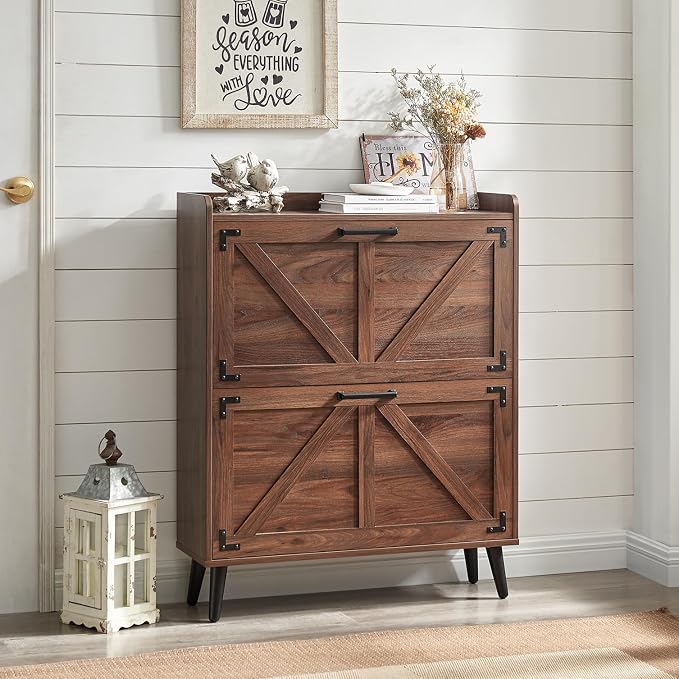 Barnyatoh Shoe Storage Cabinet with 2 Flip Drawers, Farmhouse Hidden Shoe Organizer, Narrow Slim Shoe Rack Cabinet for Entryway Hallway,Walnut - Image 3