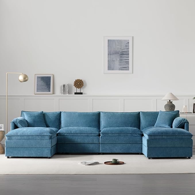 Merax 136" U-Shaped Chenille Modular Sectional Sofa, Oversized Cloud Couch Set with Double Cushions, 6-Seat with Movable Ottomans, Deep & Wide Seating, Blue