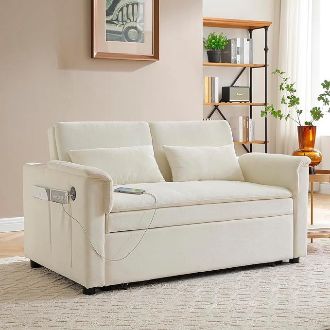 Convertible Loveseat Pull Out Sleeper Sofabed Futon Loveseat Lounge Couch for Living Room 3 in 1 Multi-Functional Pullout Sofa Bed with Reclining Backrest , USB Ports and Side Pockets for Home Office